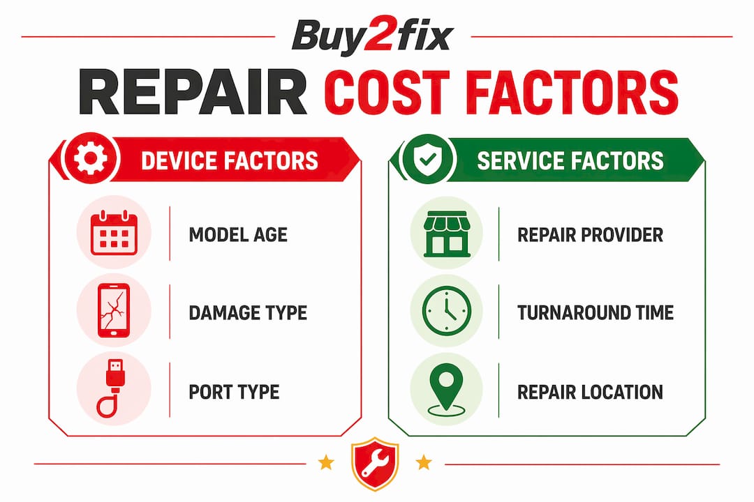 Infographic showing factors affecting iPhone charging port repair cost