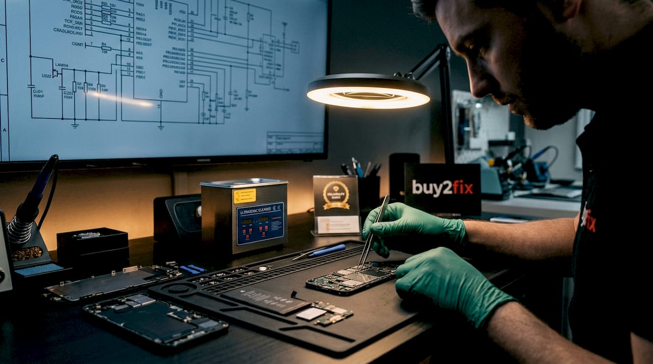 Technician inspecting phone circuit board in lab