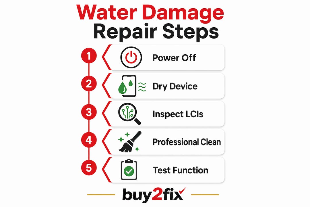Infographic showing steps to repair water-damaged phone