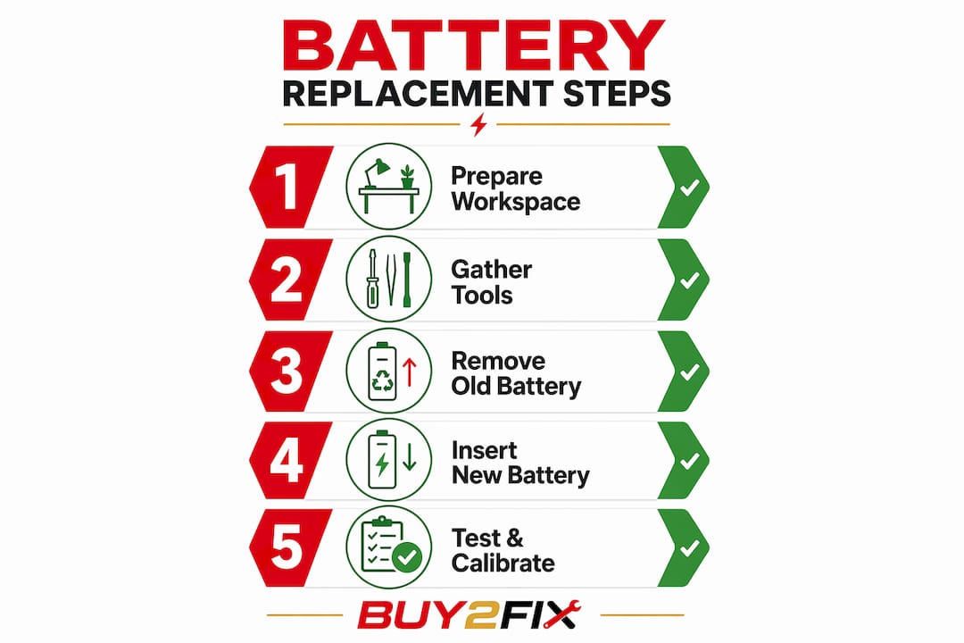 Step-by-step infographic of laptop battery replacement