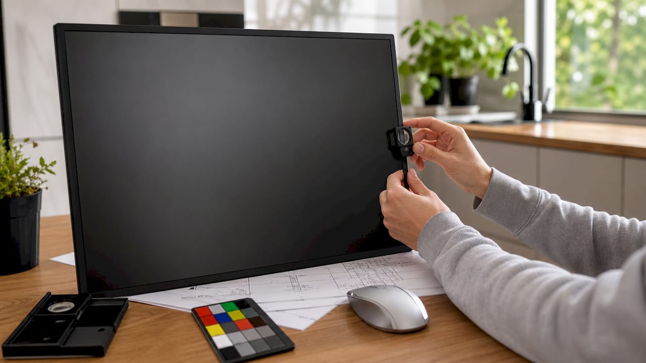 Close-up of IPS LCD panel with hands examining it