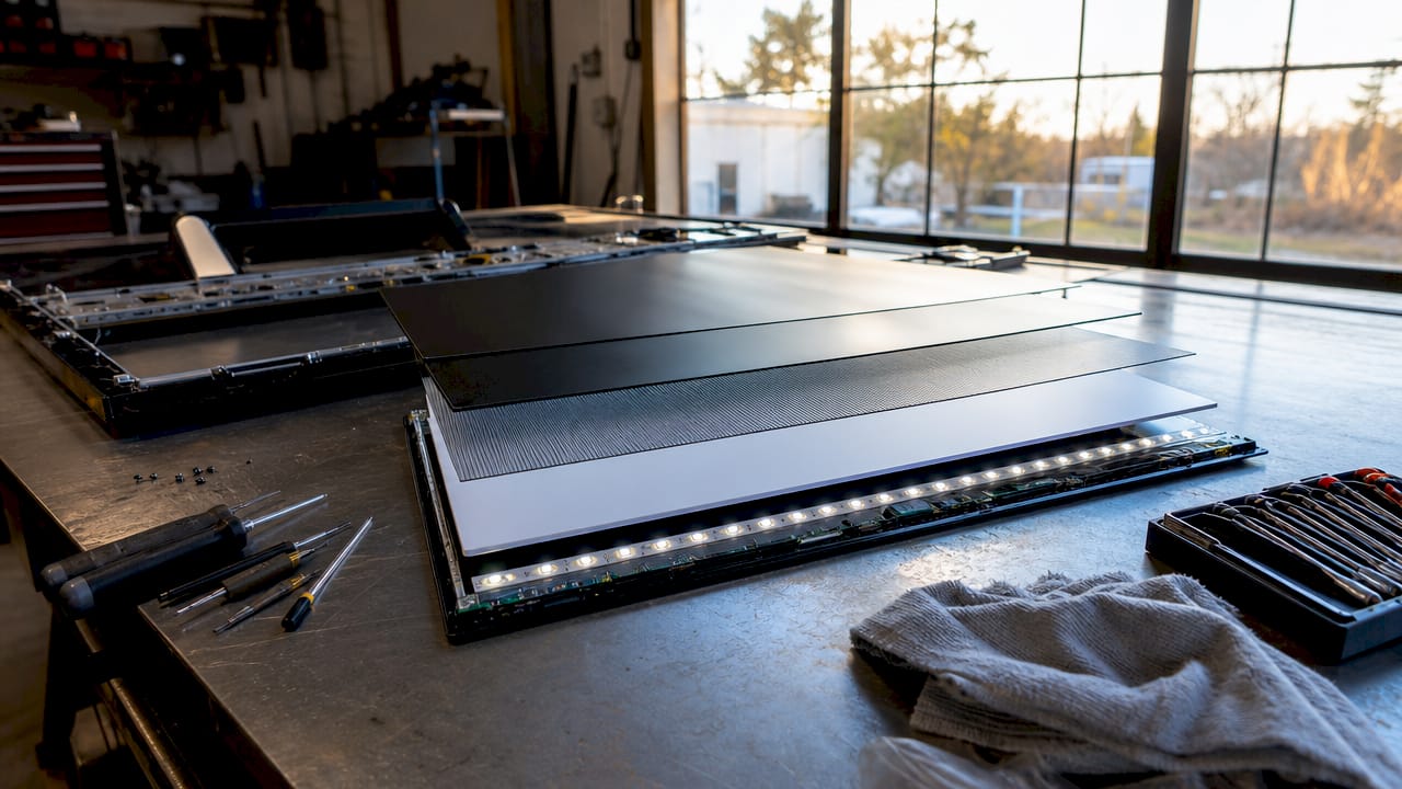 Disassembled LED LCD display layers on table