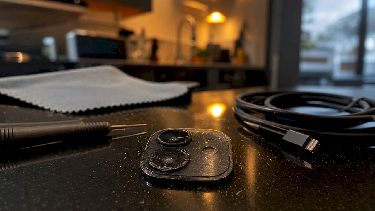 Close-up of scratched iPhone 12 camera lens