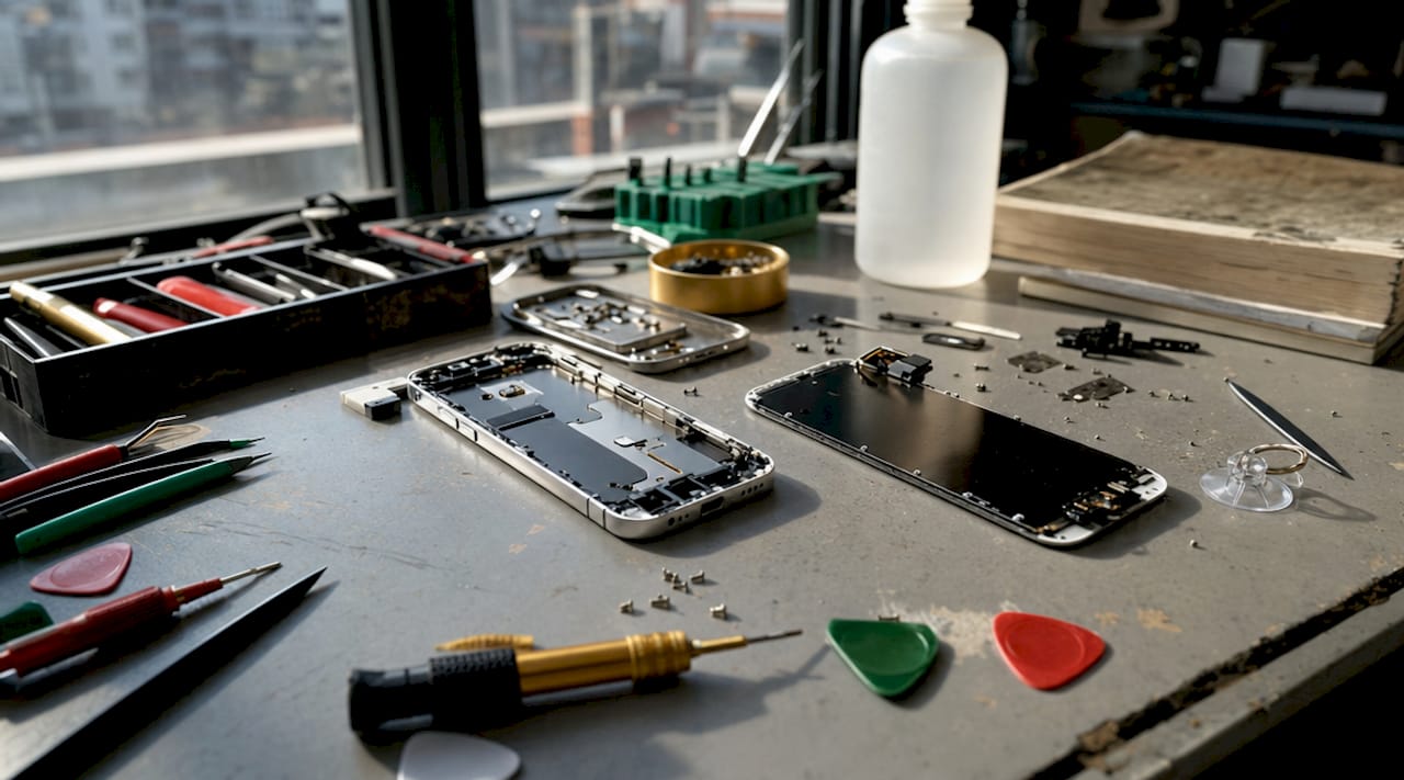 Close-up of iPhone 6 parts on repair desk