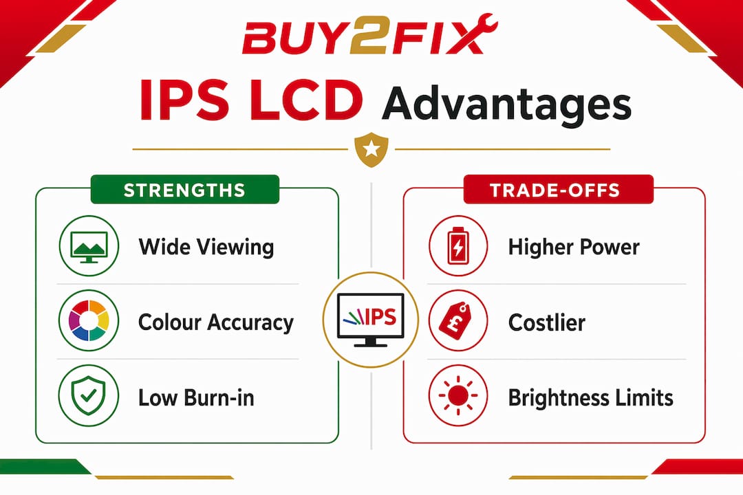 Infographic comparing IPS LCD strengths and trade-offs