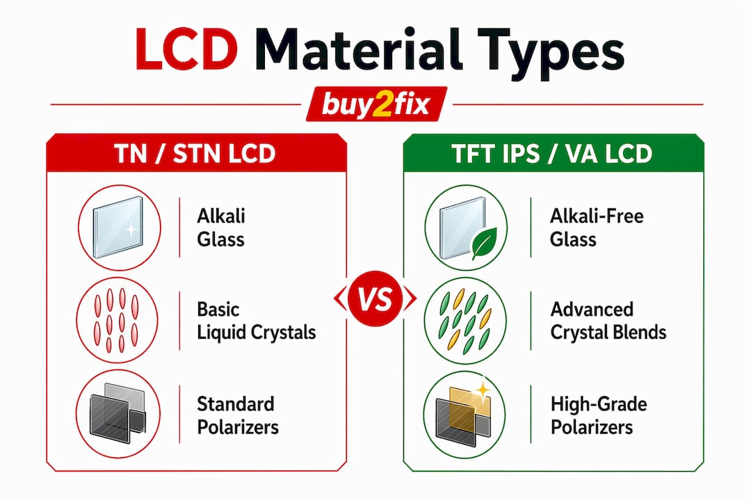 Infographic comparing types of LCD screen materials