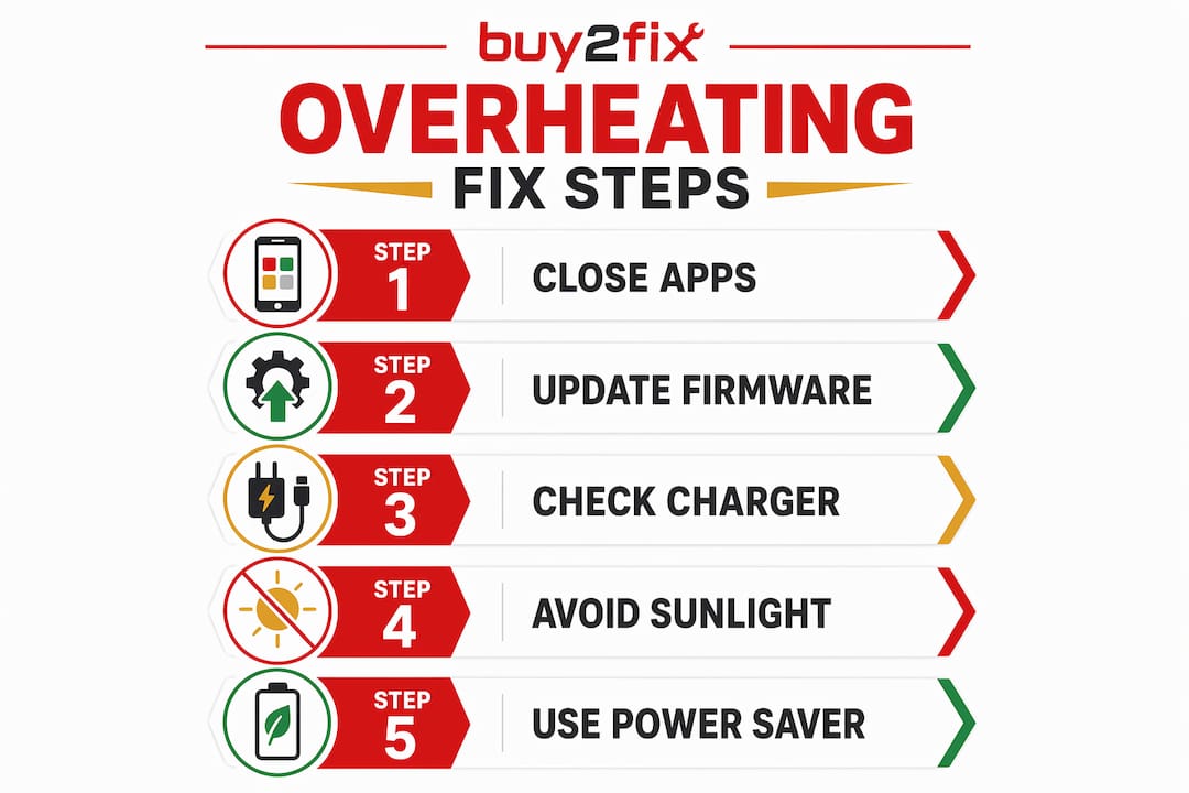 Infographic showing step-by-step Galaxy phone overheating fixes