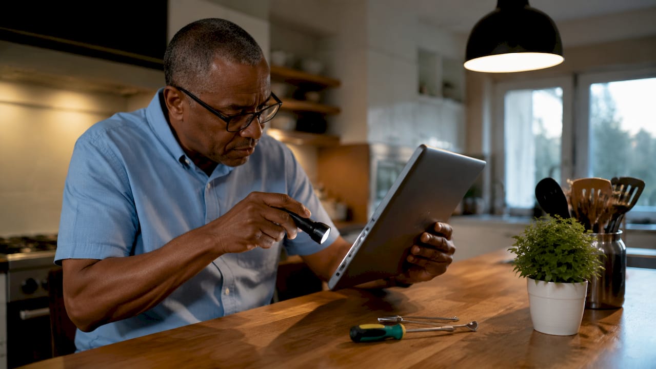 Man troubleshooting laptop charging port at home