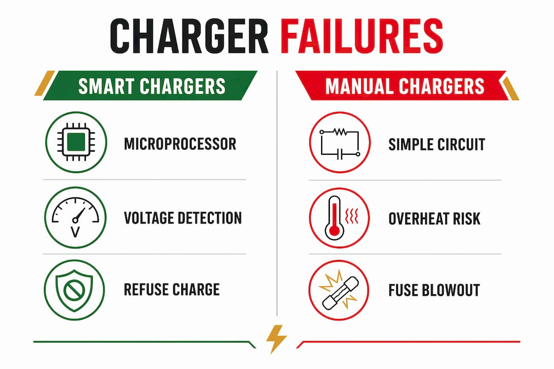 Infographic comparing smart and manual charger failures