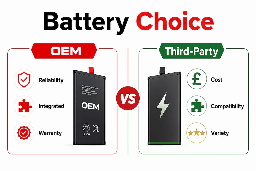 Infographic comparing OEM and third-party laptop batteries