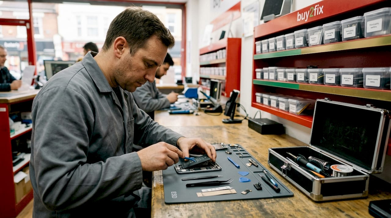 Technician replacing iPhone 6s battery in repair shop