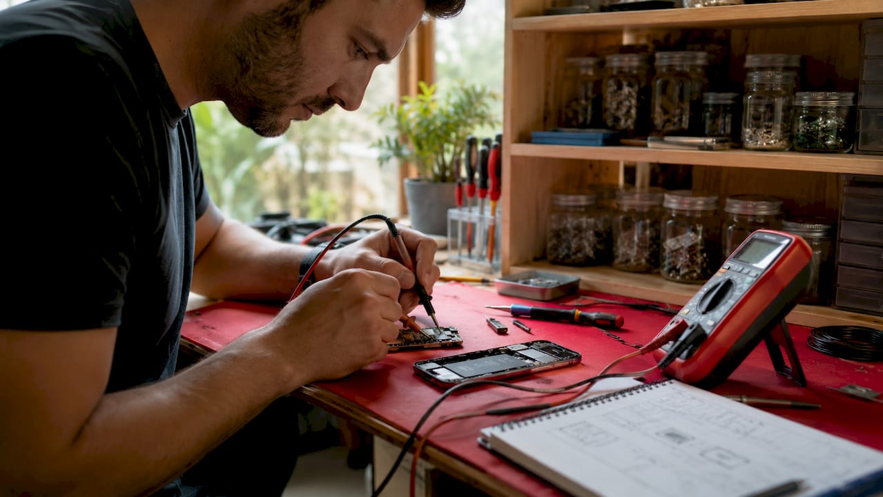 Close-up of multimeter testing smartphone circuits