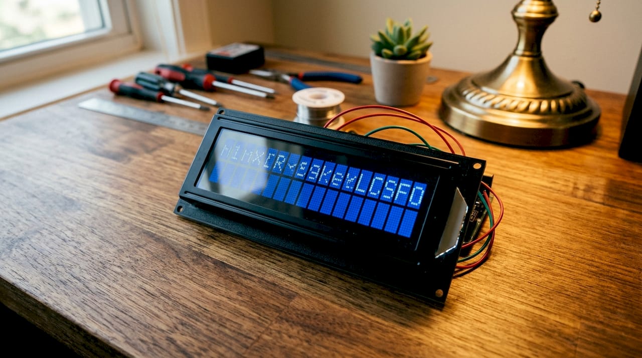 Close-up of 16x2 LCD pixel matrix