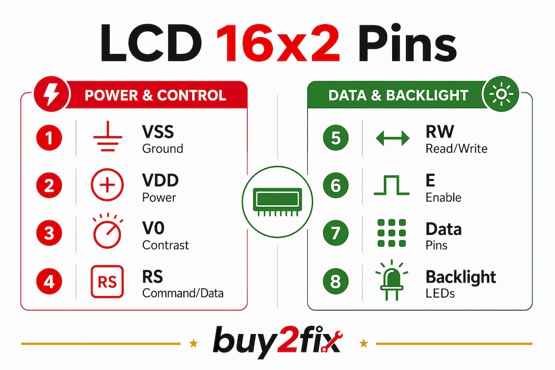 Infographic showing LCD 16x2 pin functions