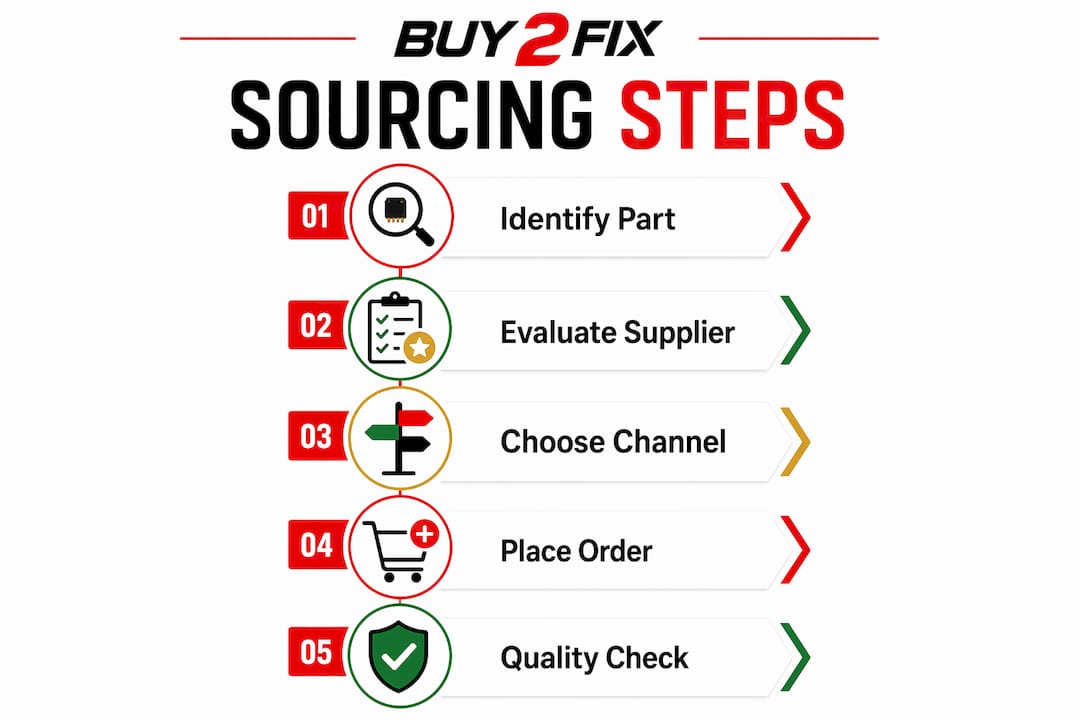 Infographic showing sourcing steps for repair parts
