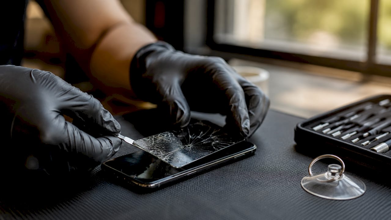 Close-up hands removing cracked glass from smartphone screen