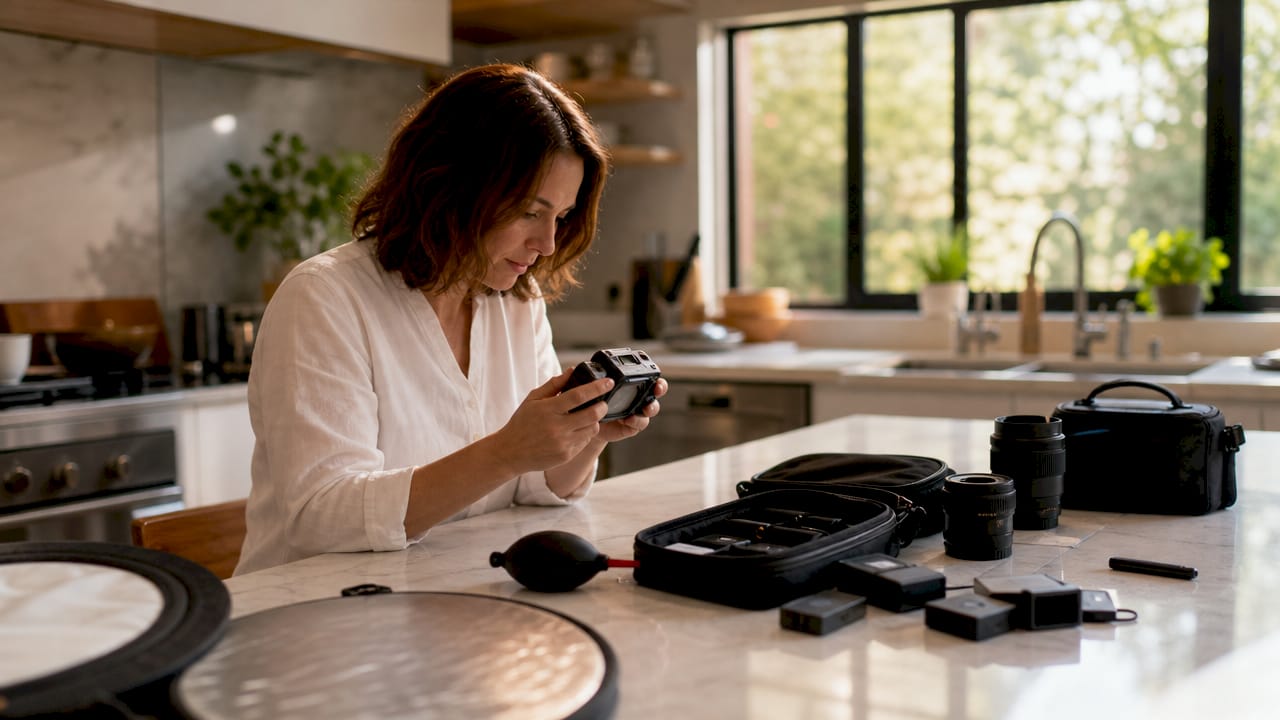 Woman reviewing photos on LCD camera in studio workspace