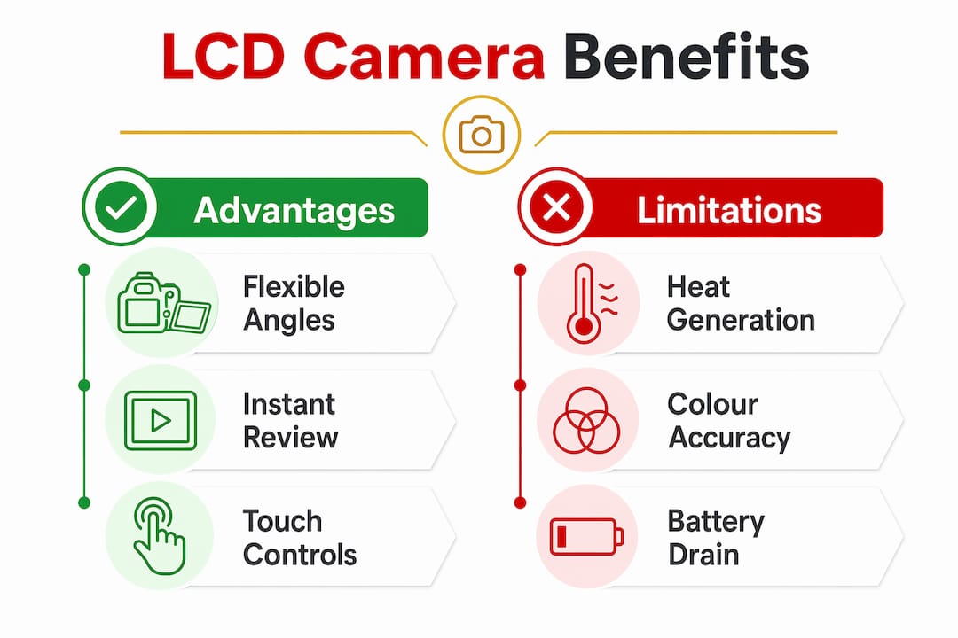 Infographic comparing benefits and limitations of LCD cameras