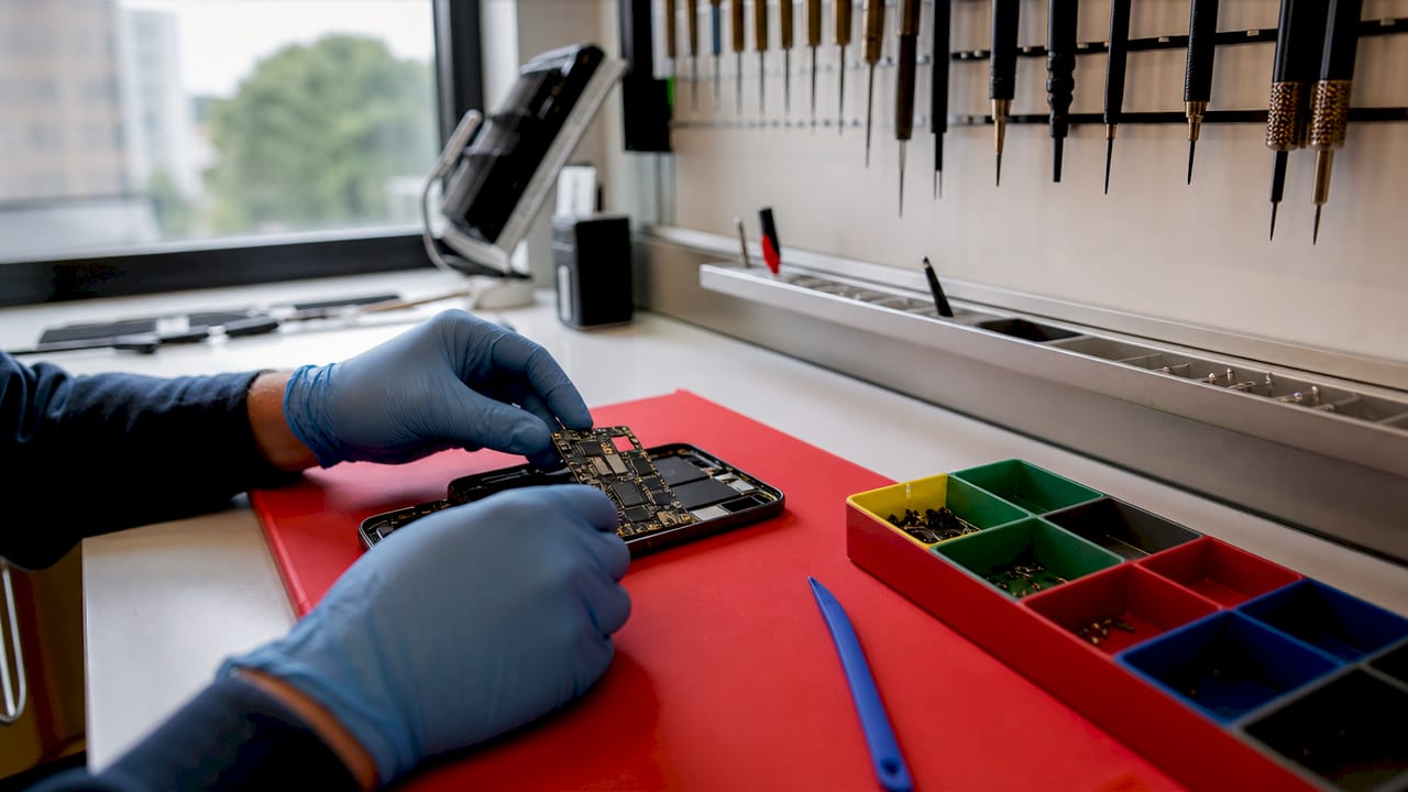 Gloved hands disassembling smartphone on workstation