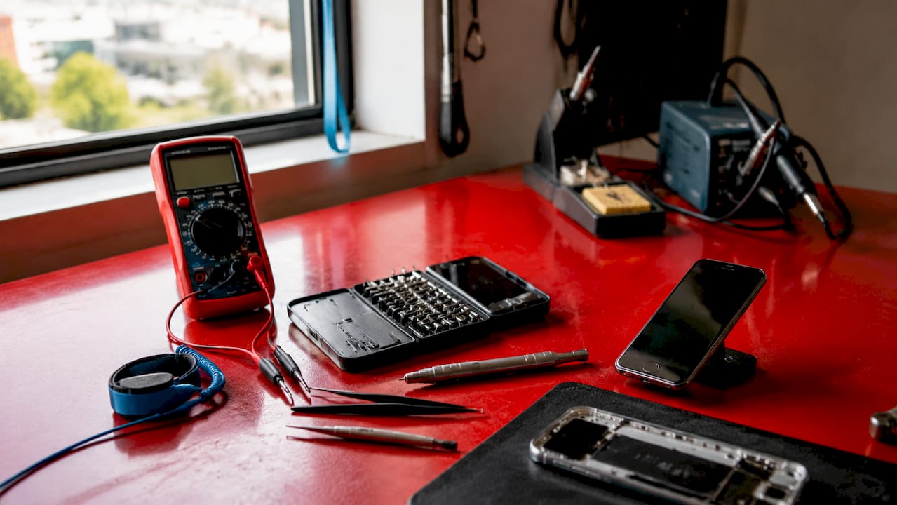 Overhead view of phone diagnostic repair tools