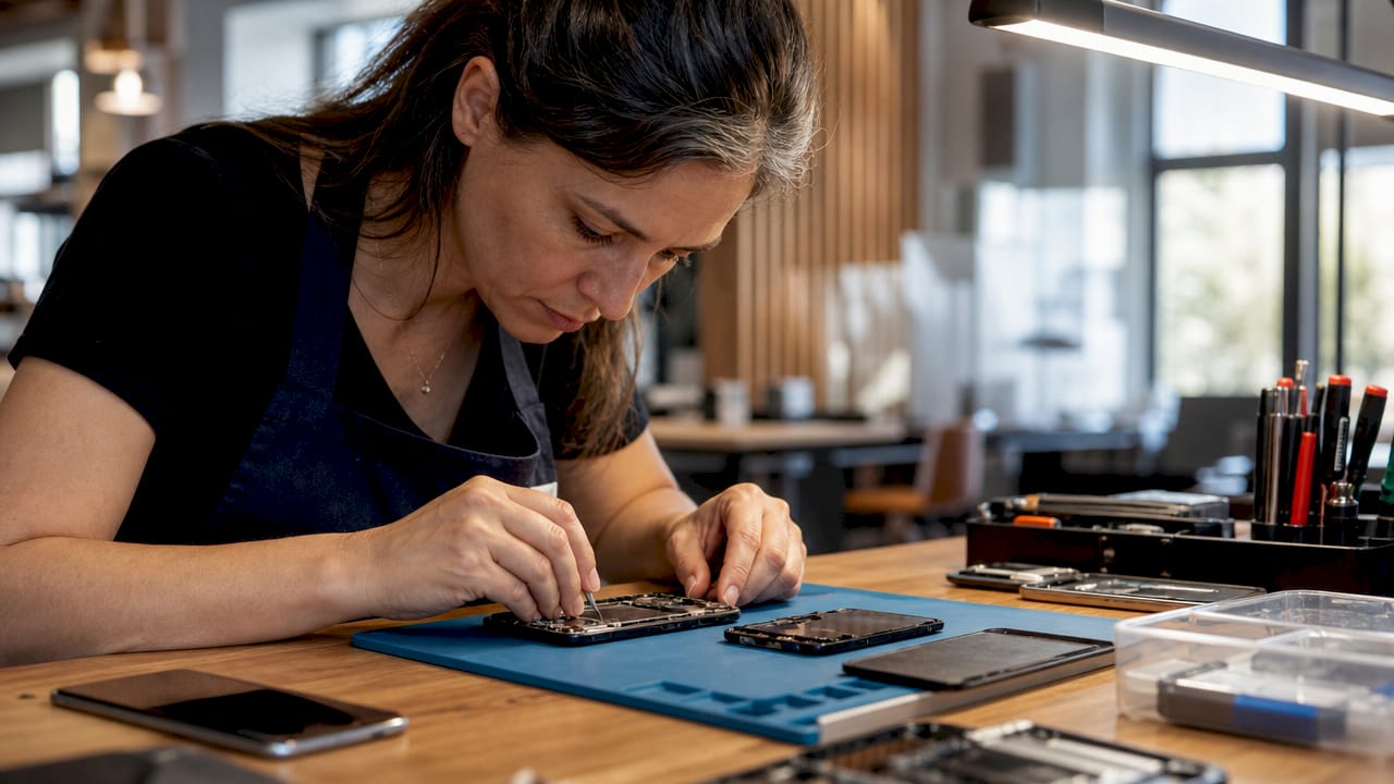 Technician repairing water-damaged phone parts