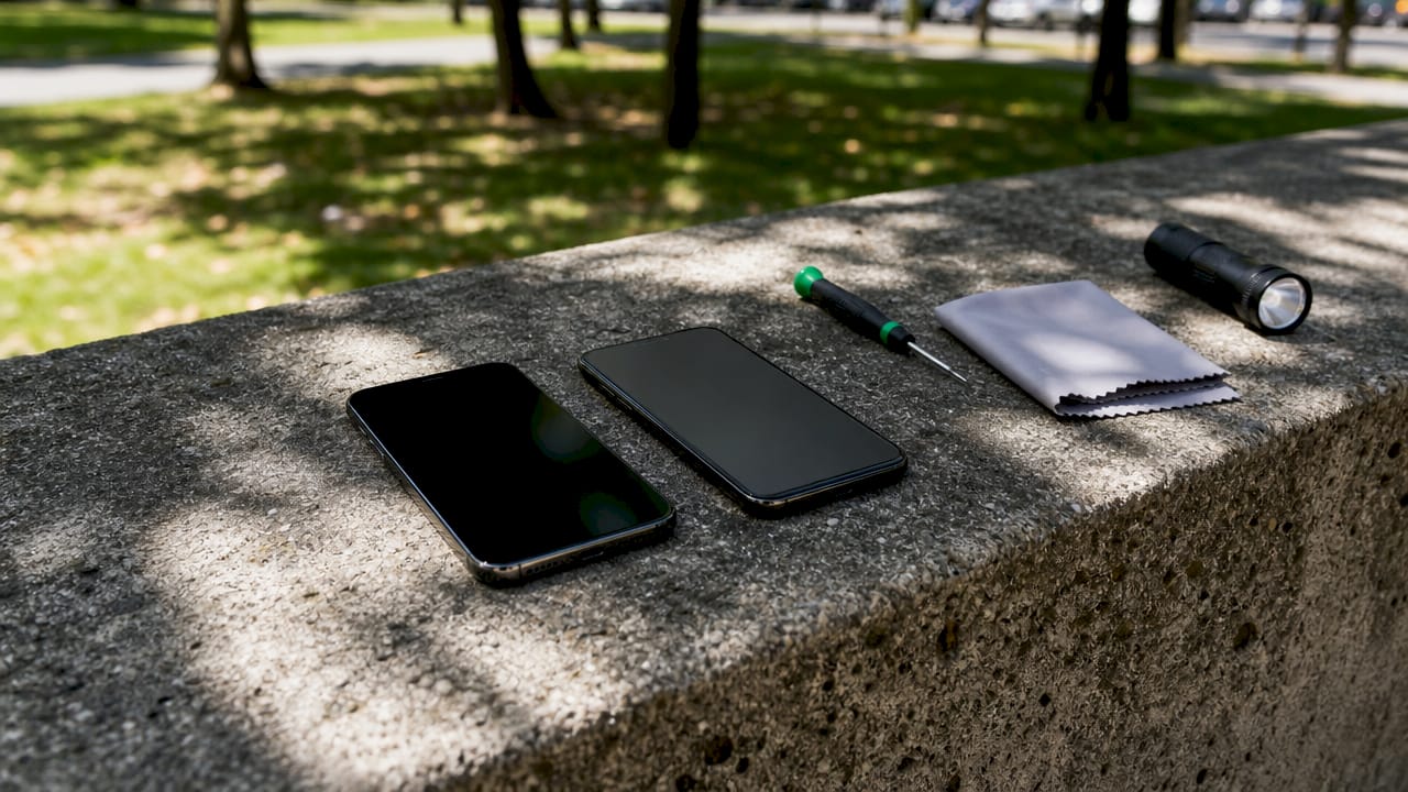 Overhead view of OLED and LCD smartphones with repair tools