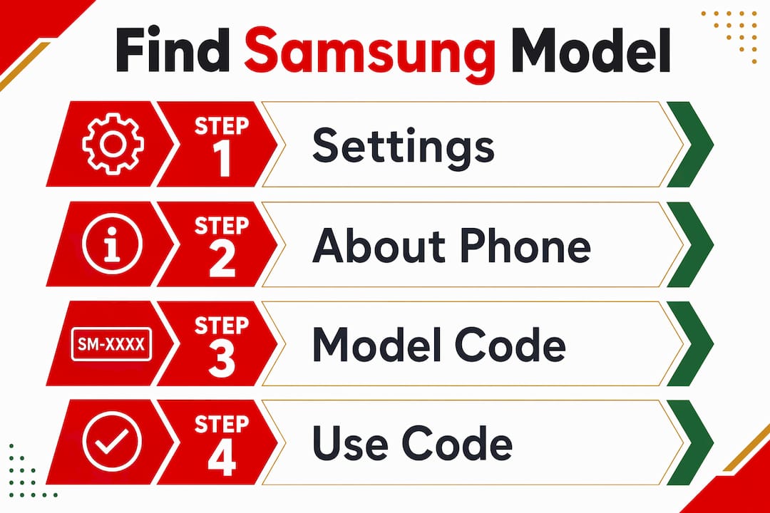 Infographic showing steps to find Samsung model code