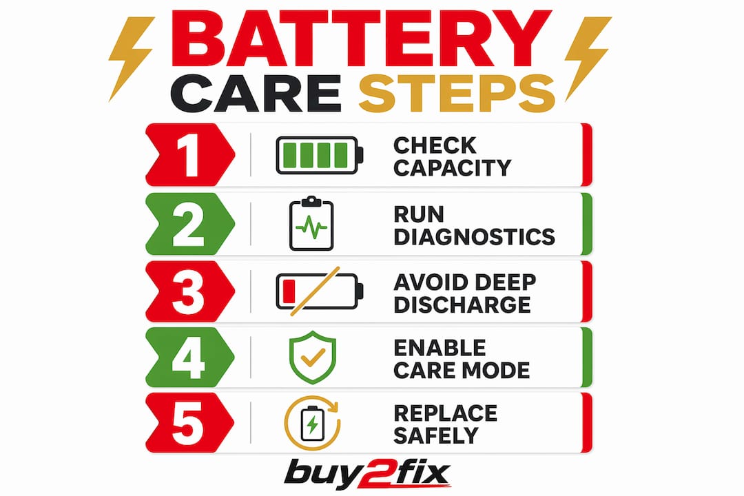 Infographic illustrating laptop battery maintenance steps