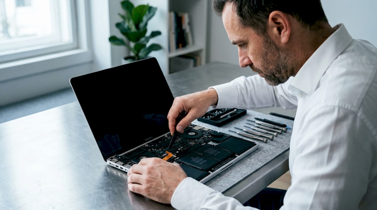 Overhead view of internal laptop battery replacement