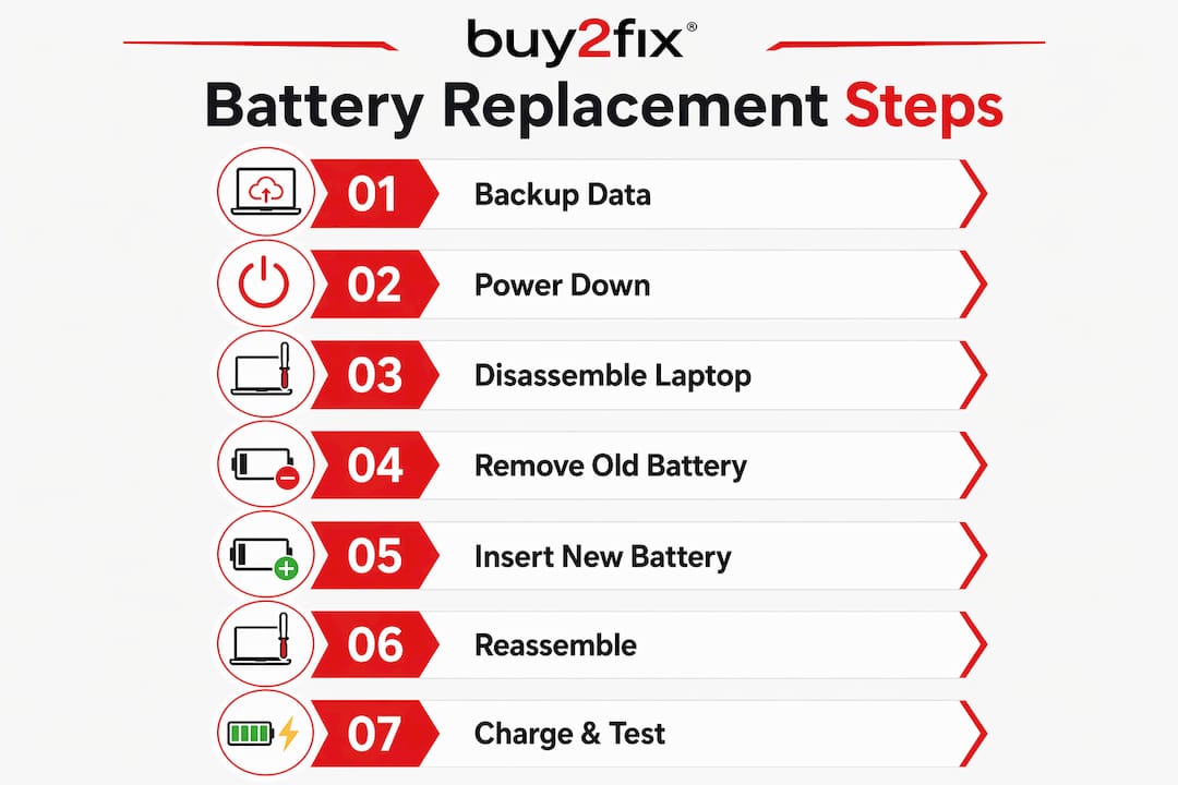 Infographic showing step-by-step laptop battery replacement
