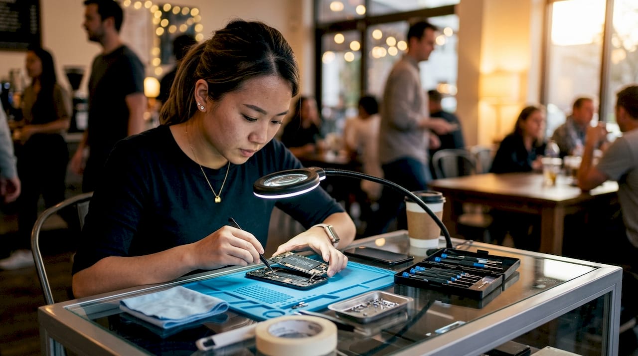 Technician repairing smartphone screen