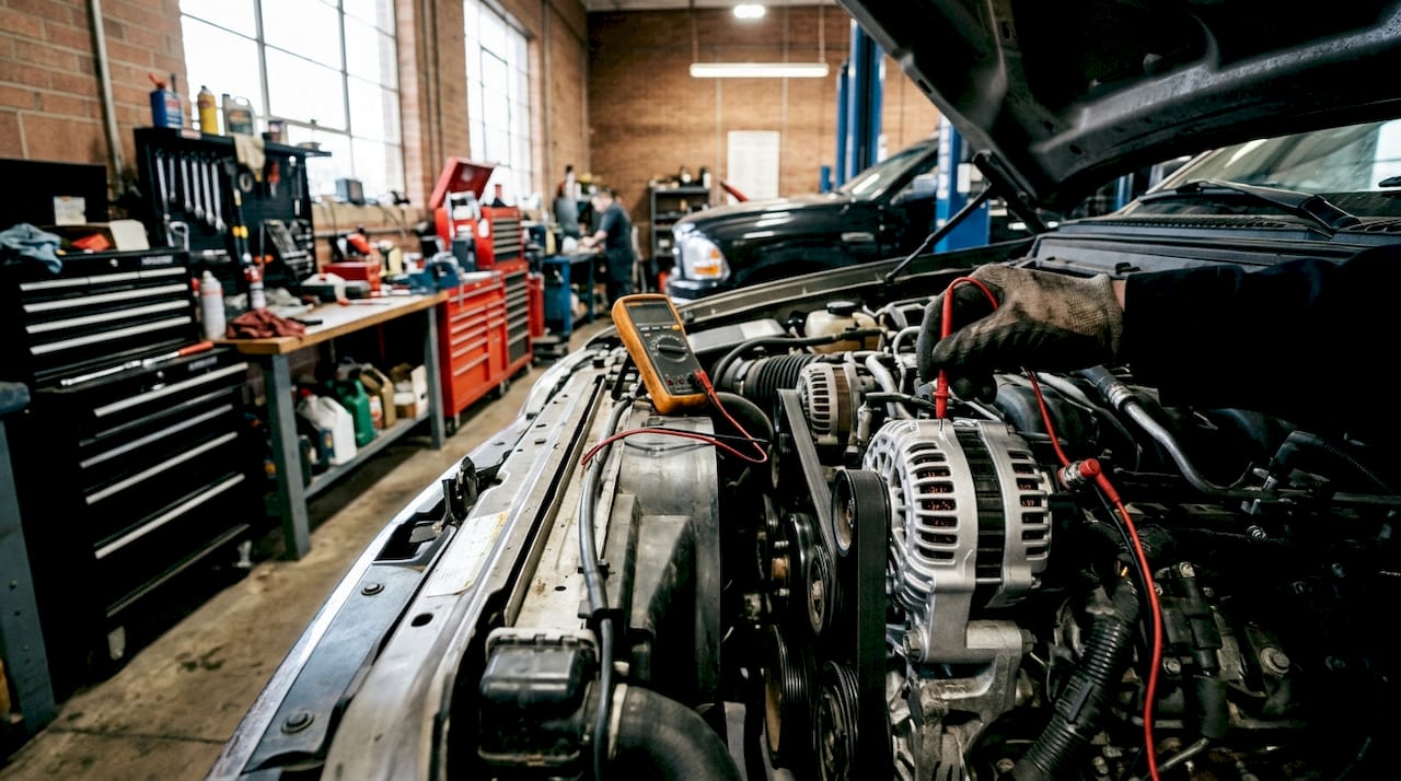 Close-up of alternator and serpentine belt testing
