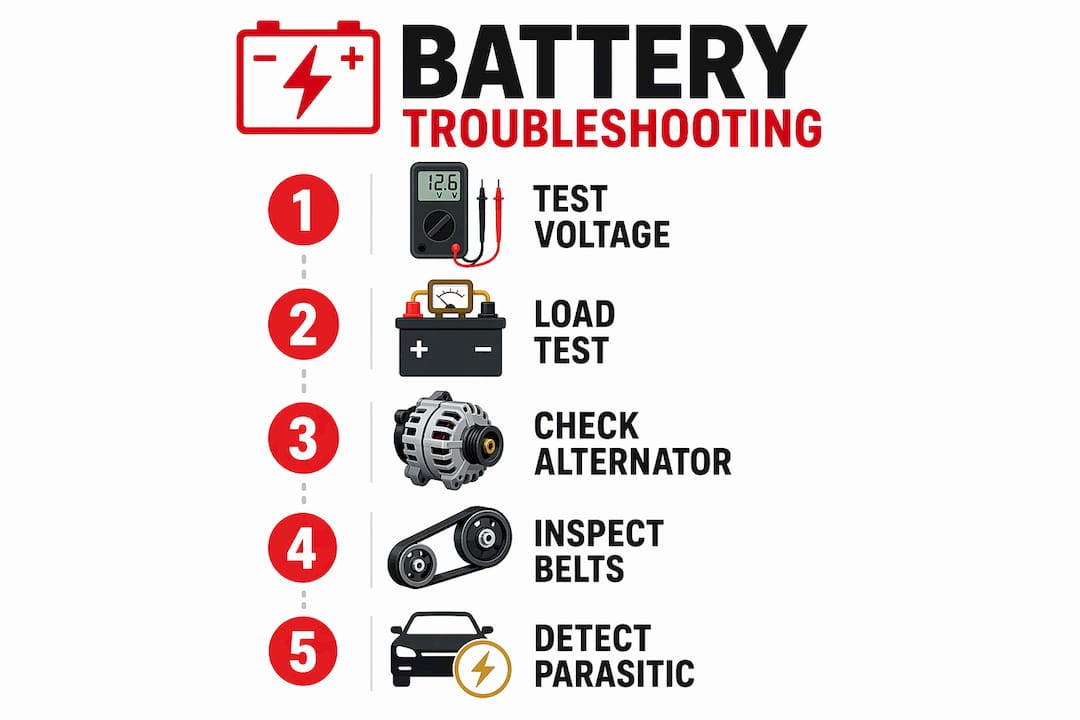 Infographic showing car battery troubleshooting steps