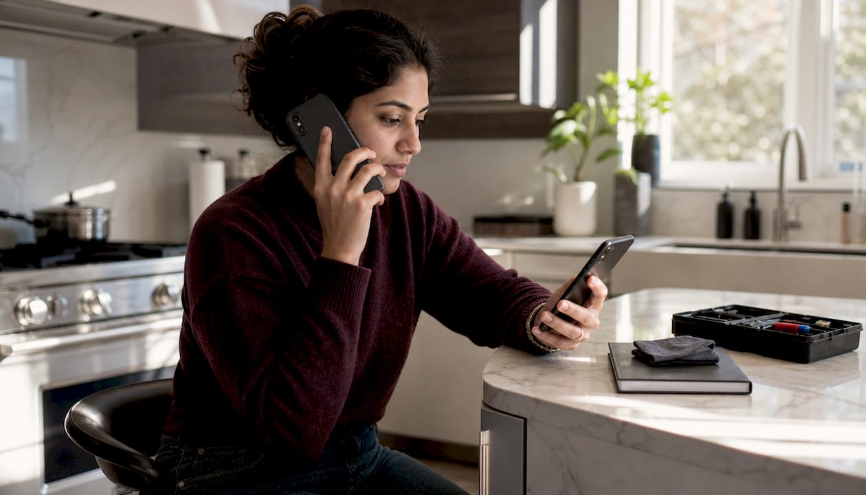 Woman testing iPhone speaker loudness at home