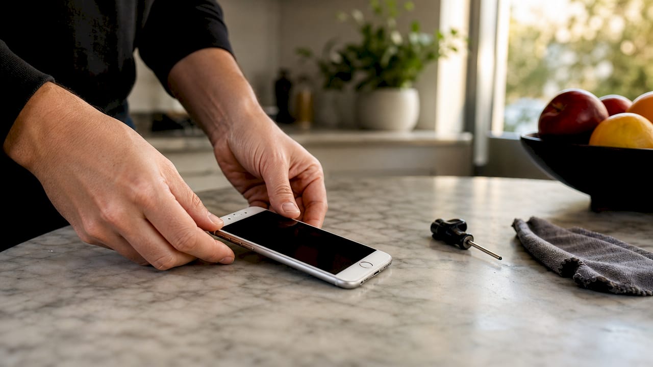 Hands placing iPhone 6 on cool metal surface