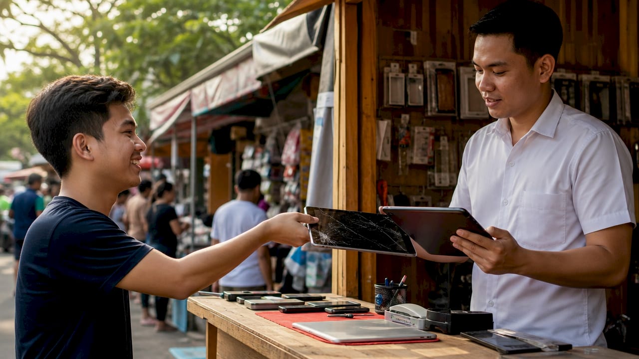 Customer handing damaged iPad to technician at service counter