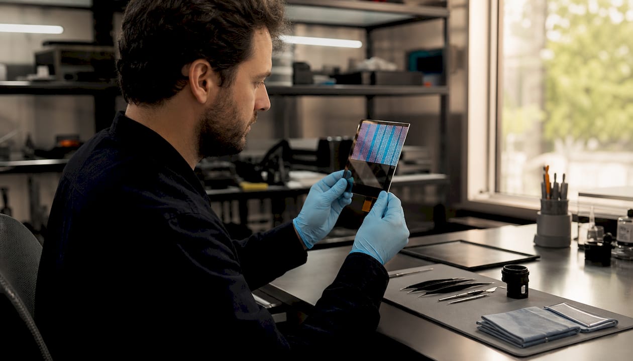 Technician holding AMOLED display panel close-up