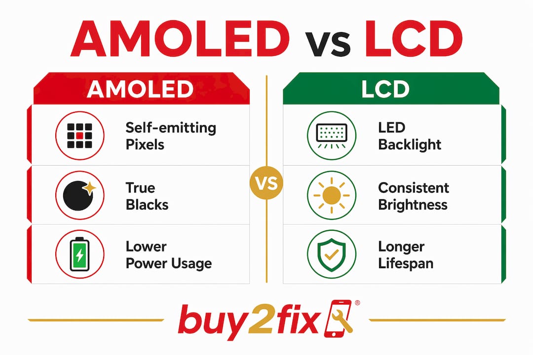 Infographic comparing AMOLED and LCD display features side by side