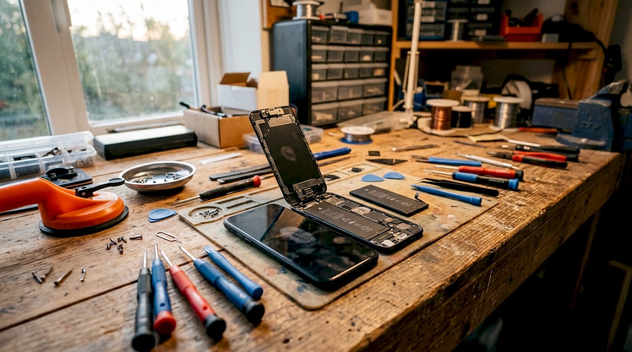 Phone repair tools and opened smartphone on workbench