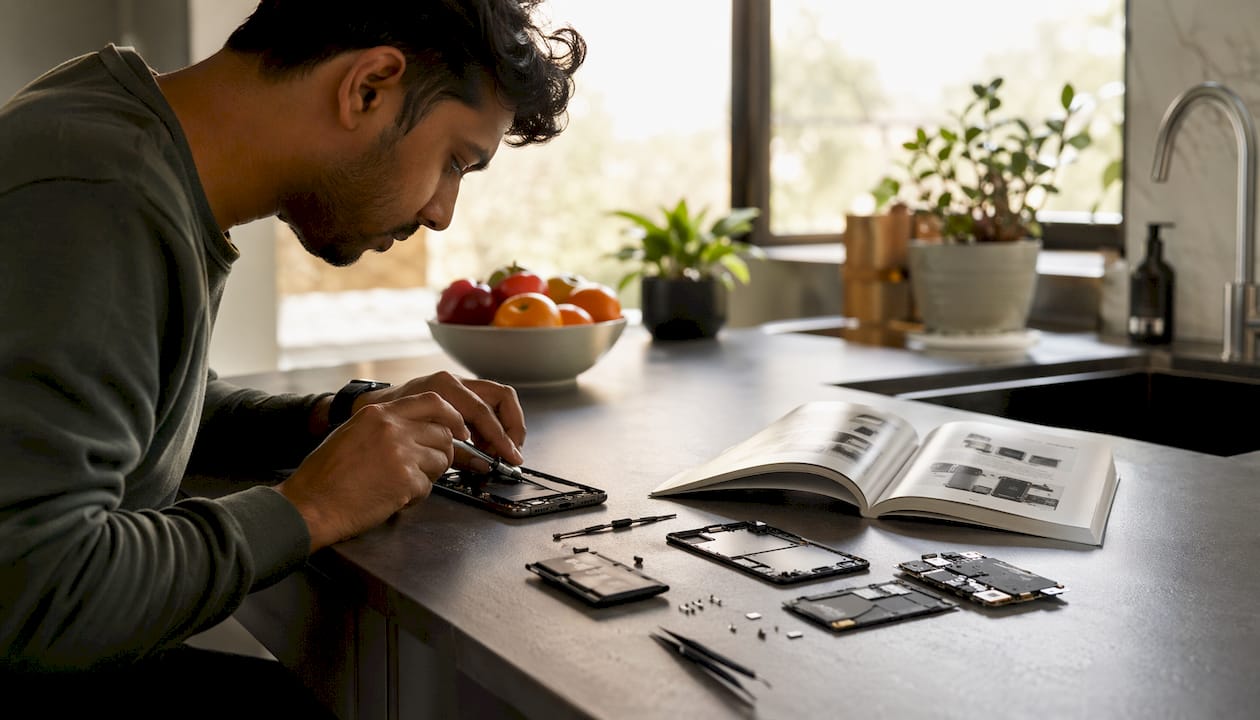 Overhead view of phone parts and repair tools on desk