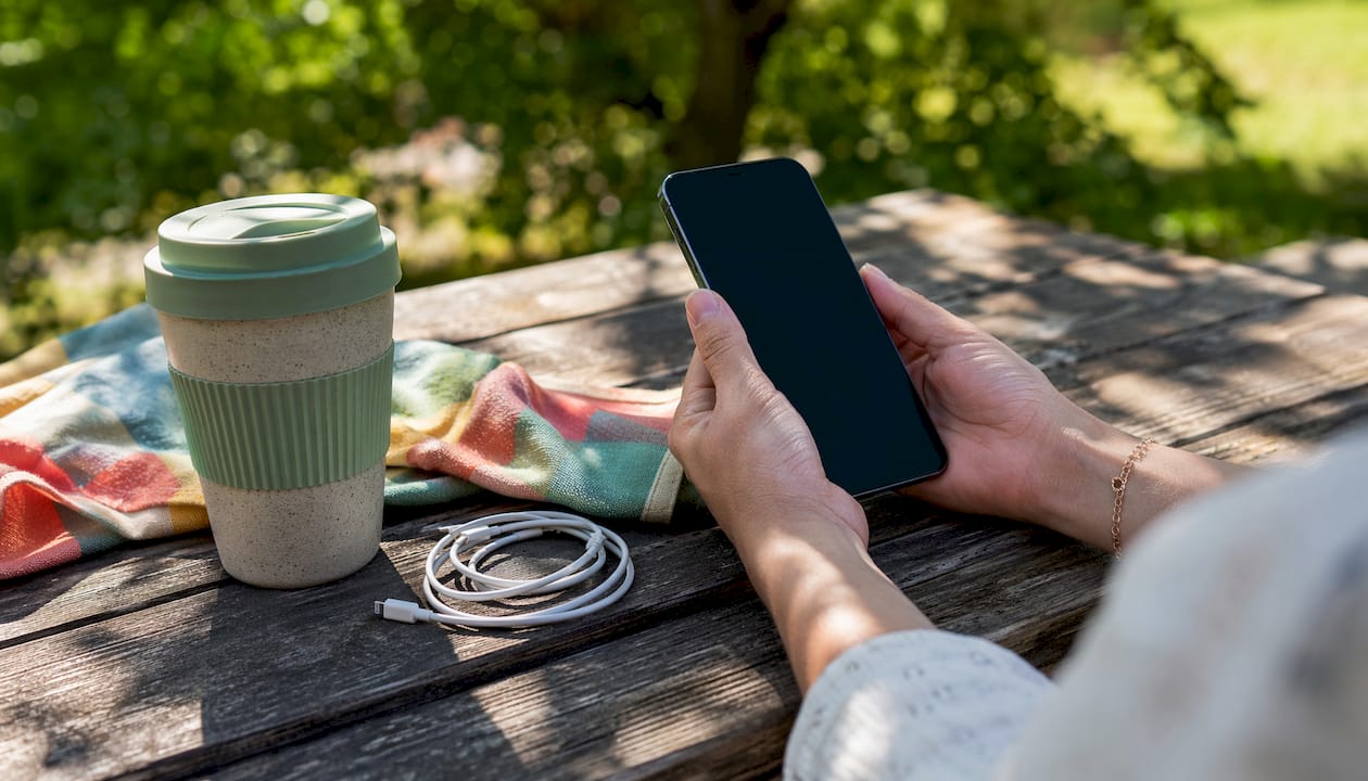 Hands holding smartphone in coffee shop