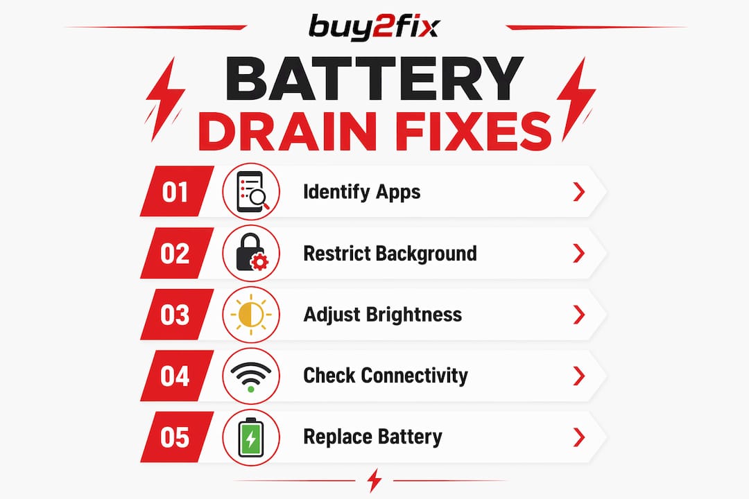 Infographic illustrating steps to fix battery drain