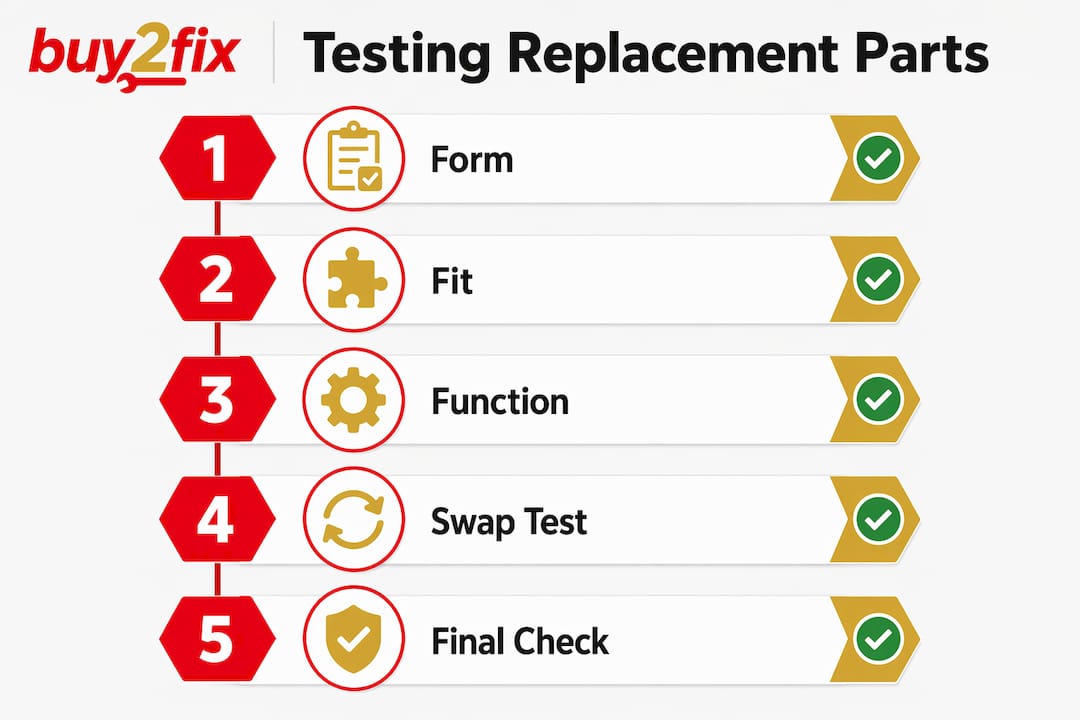 Infographic showing step-by-step smartphone part testing process