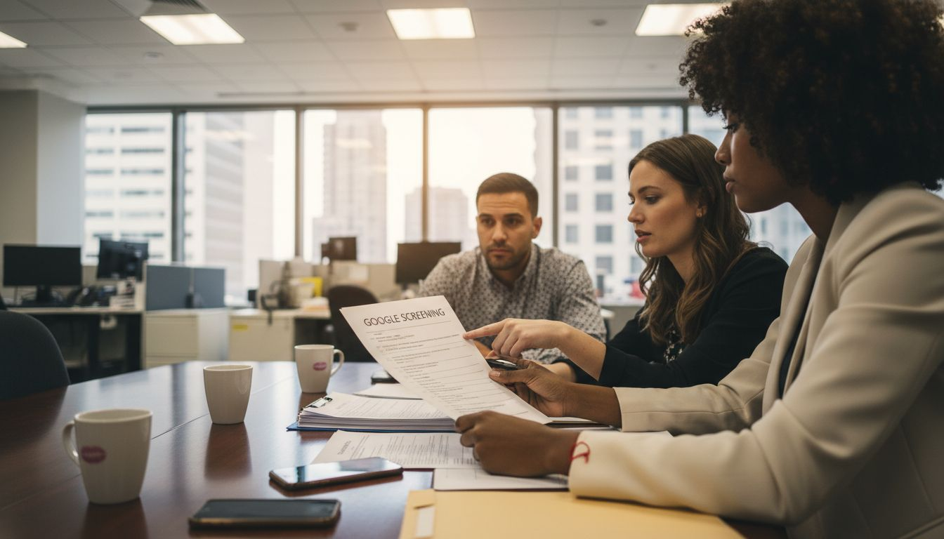 Team reviews Google badge paperwork together