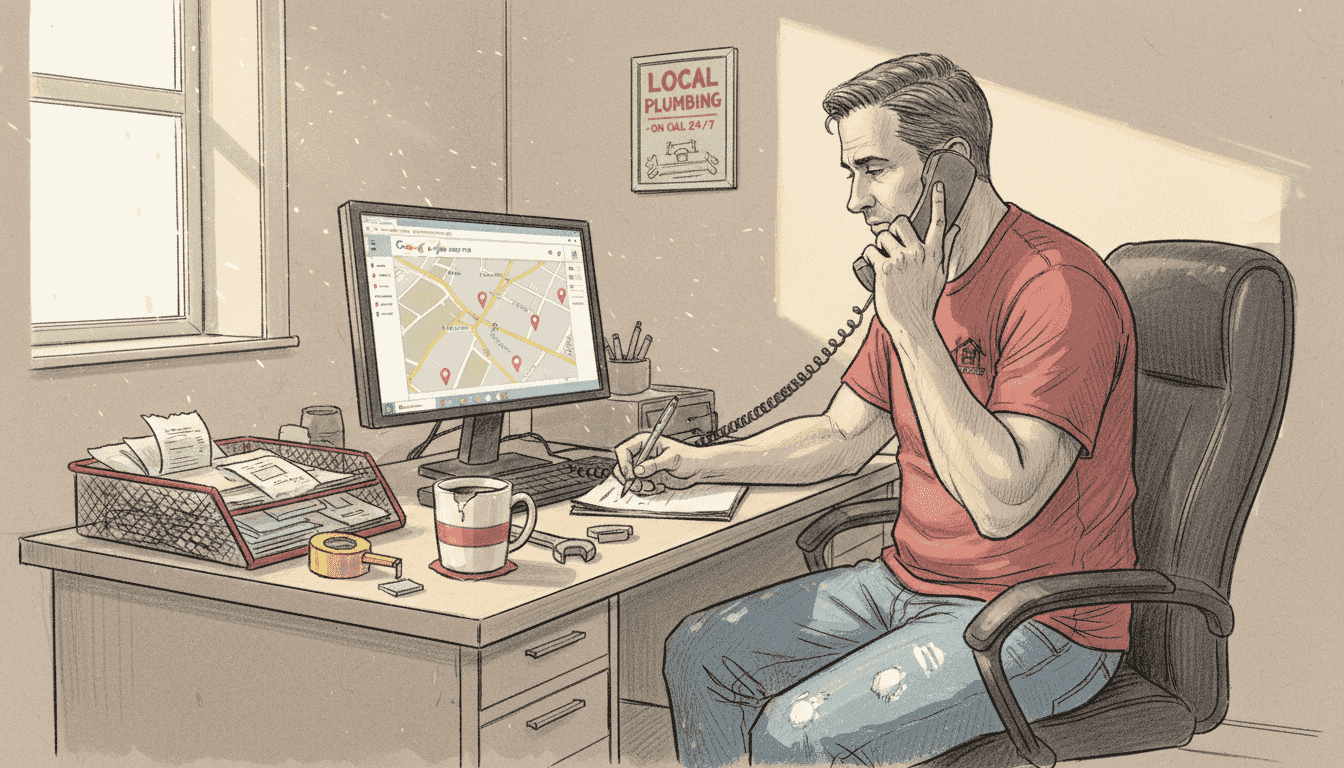 Plumber at desk takes customer phone call