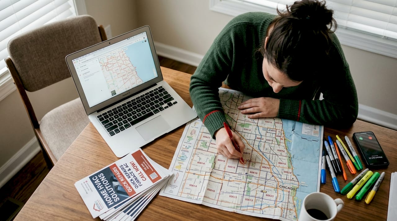 Person marking HVAC service areas on map