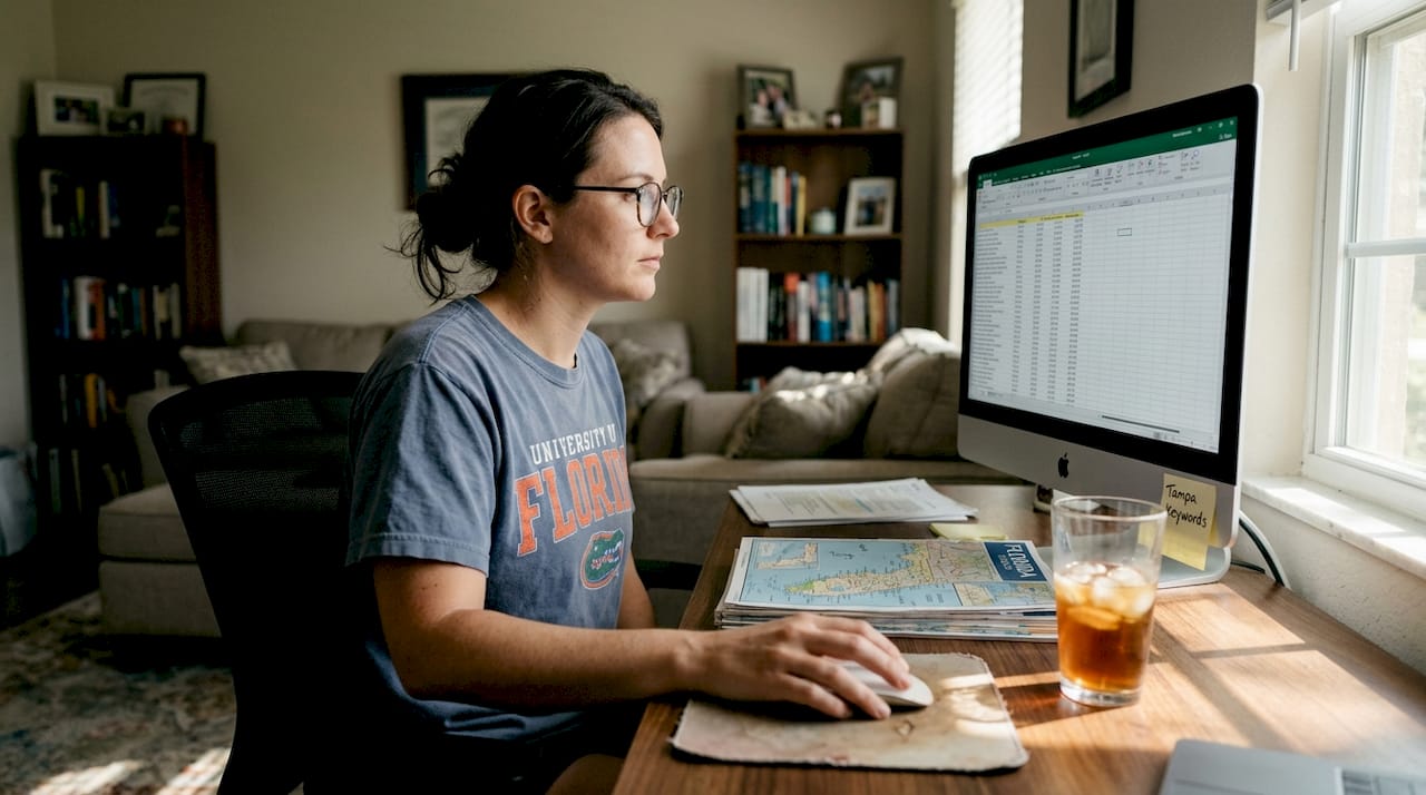 Woman researching local keywords in home office