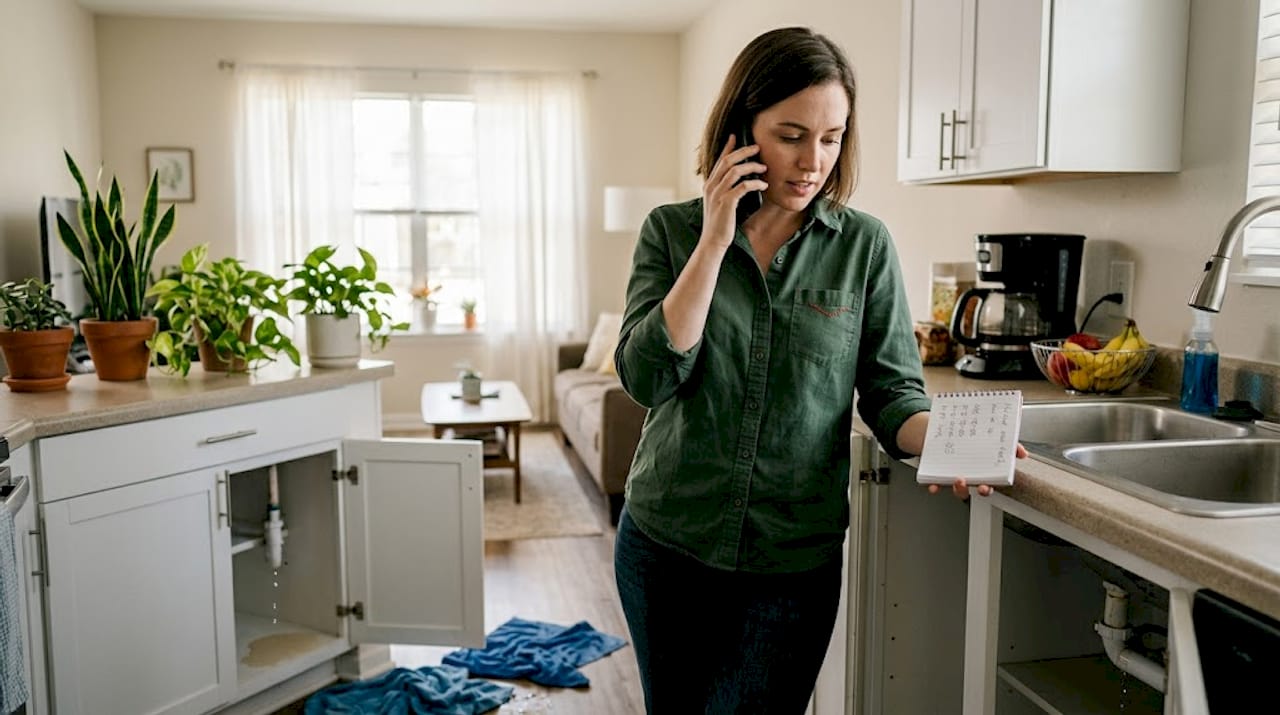 Customer calls plumber near kitchen sink
