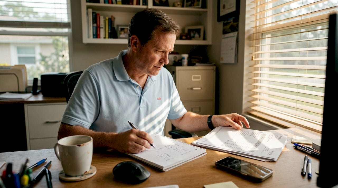 Contractor examining monthly invoices at desk