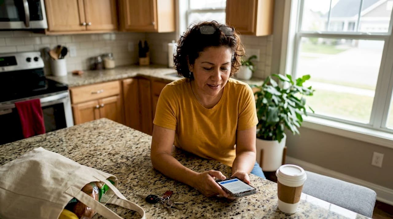 Homeowner using mobile site at kitchen counter